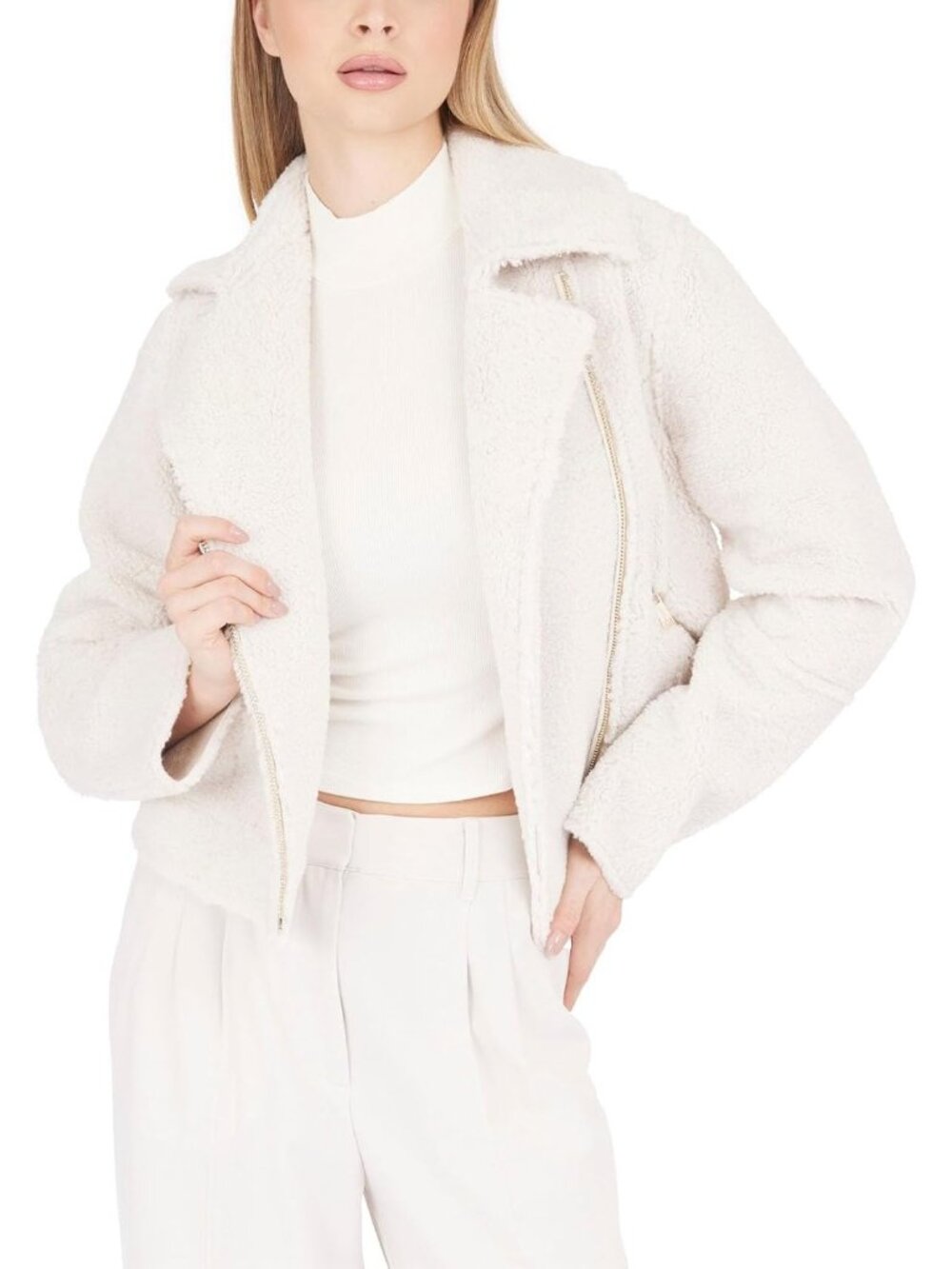 Guess Women Cream White Multi Ivonne Fur Long Sleeve Notch Collar Bonded Jackets